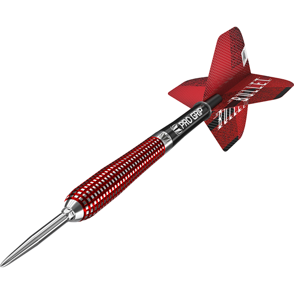 Red and black dart with textured grip and four red fins featuring the word "BULL'S" in white, designed for precision throwing.