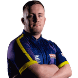 Luke Littler wearing a blue and purple sports shirt with logos stands with arms crossed, looking confidently at the camera.