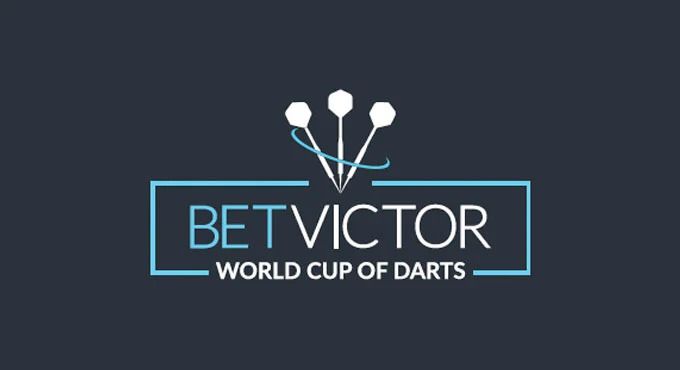Logo for BetVictor World Cup of Darts features three darts and stylish text on a dark background.