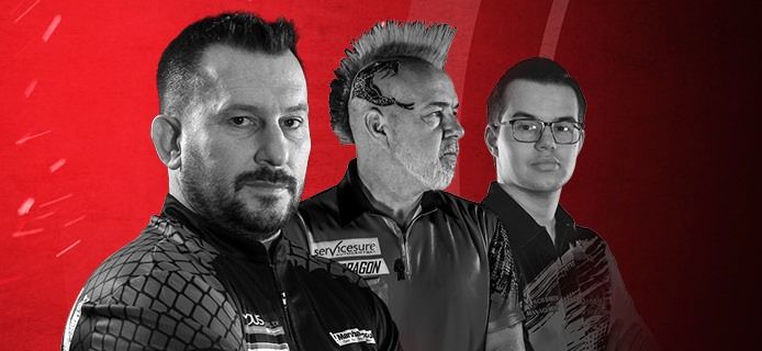 Three men in sports attire with serious expressions, set against a dynamic red background. One has a distinctive mohawk hairstyle.