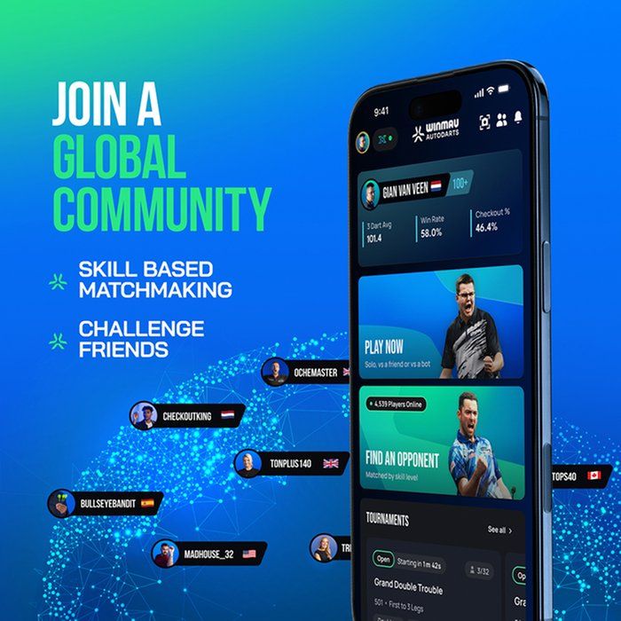 Mobile app interface showing a global community for skill-based matchmaking. Features for playing, challenging friends, and finding opponents.