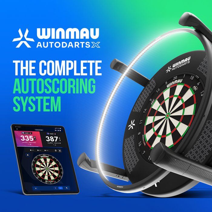 Dartboard with LED ring and digital display, promoting Winmau AutoDarts X as "The Complete Autoscoring System," featuring a smartphone app.