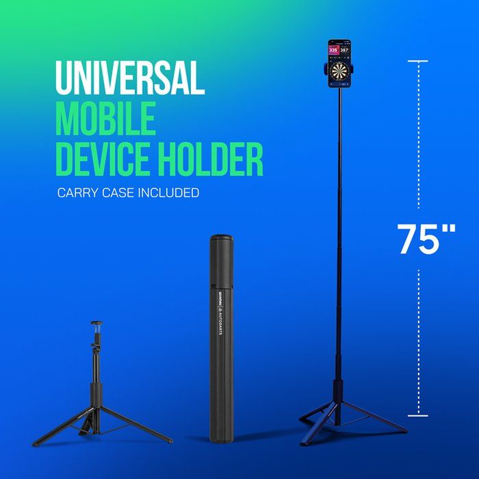 Universal mobile device holder with a carry case, adjustable up to 75 inches. Set against a blue-green gradient background.