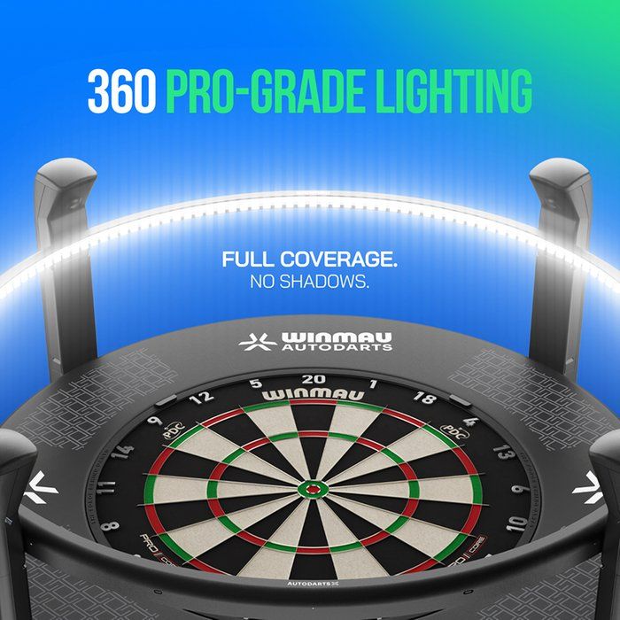 Dartboard with 360-degree pro-grade lighting, highlighting “Full Coverage. No Shadows.” branding on a blue background.