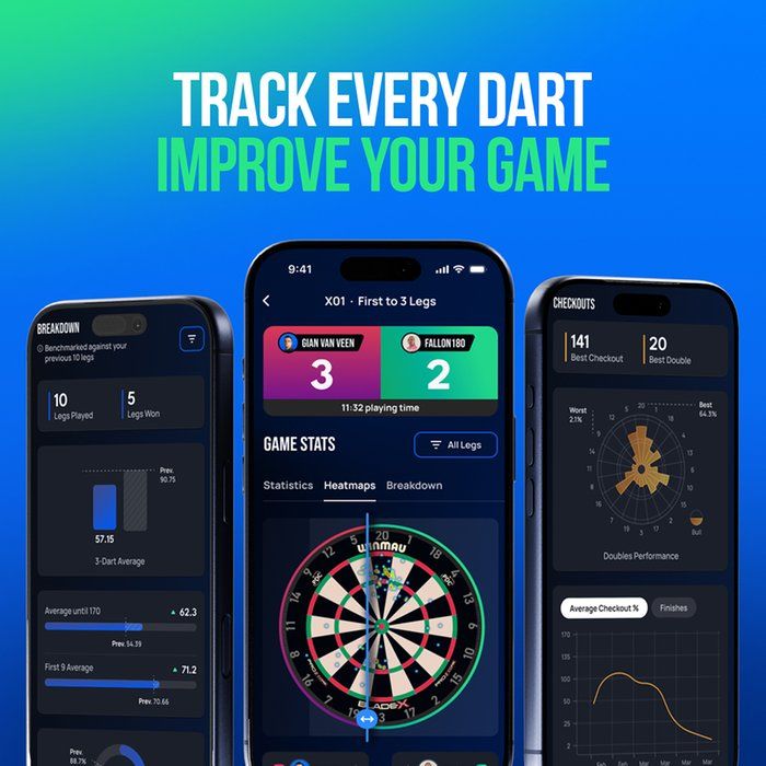 Three smartphone screens display a darts tracking app with game stats, a dartboard heatmap, and performance charts. Text reads "Track Every Dart, Improve Your Game."