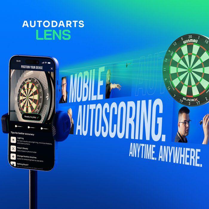 A smartphone with dartboard image projects holographic words about mobile autoscoring, featuring a dartboard and players in a blue-green background.