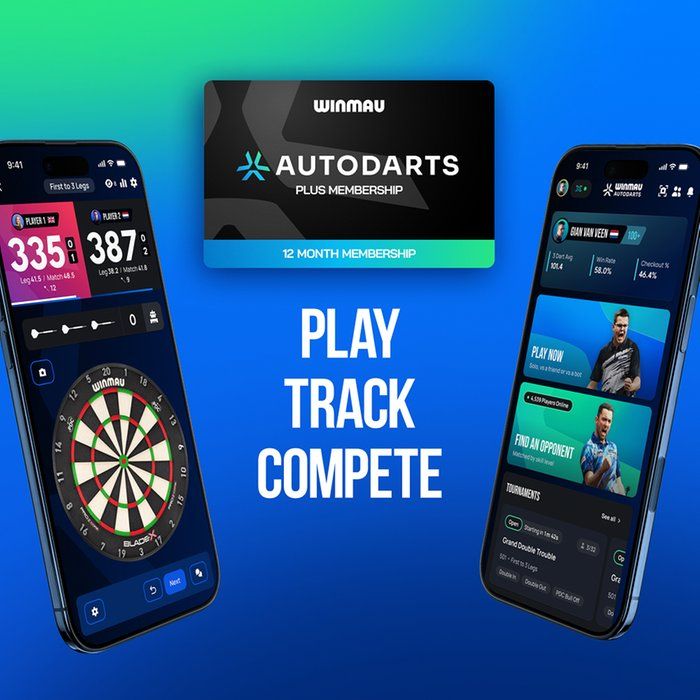 Two smartphones display dart game scores and a matchmaking interface; a membership card and text read "Play, Track, Compete" on a blue-green background.