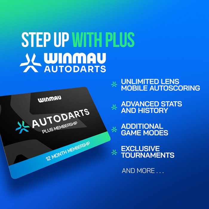 Winmau Autodarts Plus ad showcasing a 12-month membership card, offering mobile autoscoring, advanced stats, game modes, and exclusive tournaments.