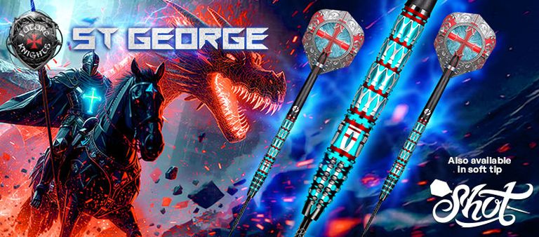 Armored St. George knight on black horse battling a glowing red dragon amid lightning, with turquoise branded darts and logos on the right.