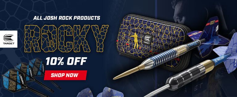 Promo for Josh Rock products by Target Darts. Features darts, a case, and 10% off offer with "Shop Now" button.
