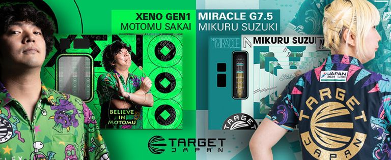 Darts players promoting Target Japan products, showcasing Xeno Gen1 by Motomu Sakai and Miracle G7.5 by Mikuru Suzuki, in colorful shirts.