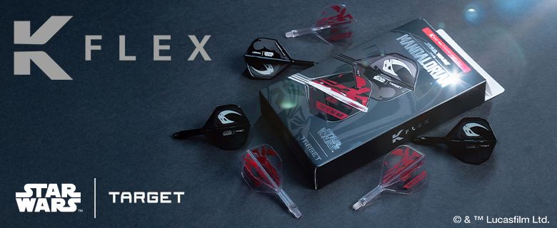 K-Flex dart flights featuring Star Wars Mandalorian design, with Star Wars and Target logos on a dark background.