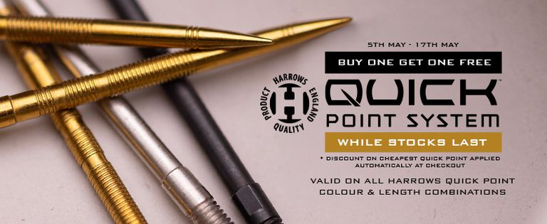 Promotional image for Harrows Quick Point System with darts and "Buy One Get One Free" offer from 5th to 17th May.