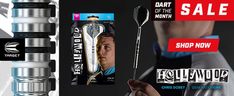 Advertisement for "Hollywood" darts by Target, featuring Chris Dobey holding a dart. Text includes "Dart of the Month" and "Sale."