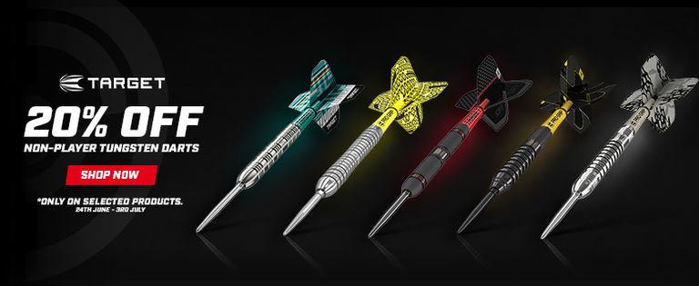 Advertisement for 20% off Target tungsten darts, featuring five colorful dart designs on a black background. Offer valid 28th June to 3rd July.