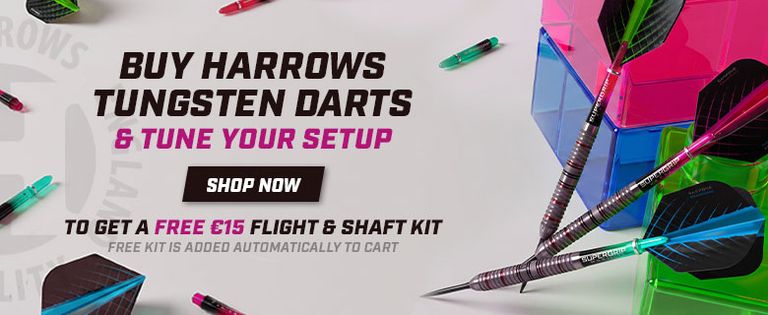 Ad for Harrows Tungsten Darts with colorful darts and storage boxes. Offers free €15 flight and shaft kit with purchase. "Shop Now" button included.