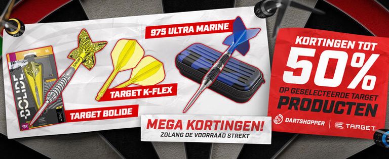 Red banner promoting up to 50% off selected Target dart products, featuring Target Bolide, Target K-Flex, and 975 Ultra Marine darts.