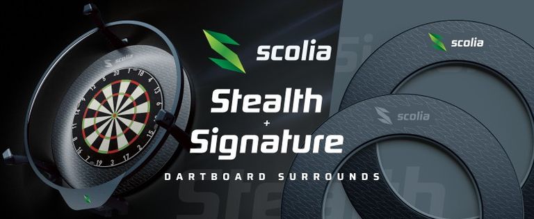 Promotional image for Scolia Stealth and Signature dartboard surrounds, featuring a dartboard and surround designs with the Scolia logo.