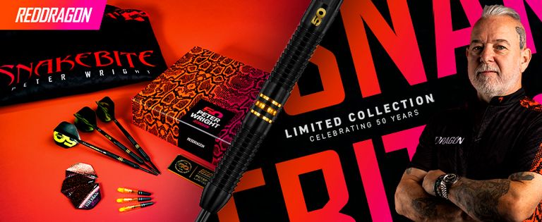 RedDragon limited collection featuring darts, a vibrant pink and orange snake pattern case, and Peter Wright in a branded dart shirt.