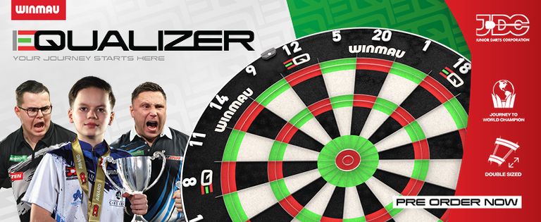 Promotional image for the Winmau Equalizer dartboard featuring players, a trophy, and text promoting pre-orders.