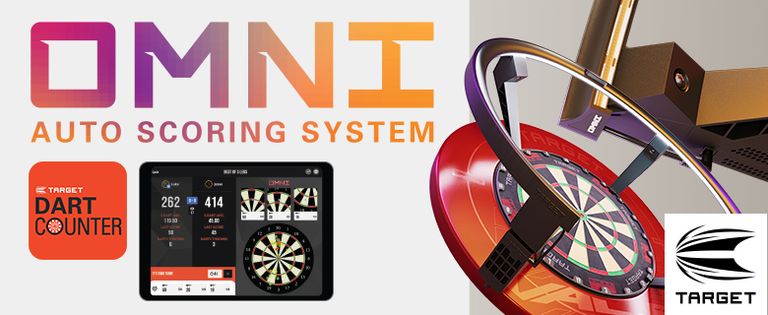 Digital display and dartboard with "Omni Auto Scoring System" text, featuring the Target Dart Counter logo on the left.