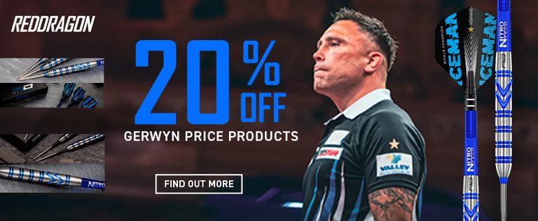 Advertisement for RedDragon, offering 20% off Gerwyn Price products, featuring darts and a focused player in a black and white shirt.