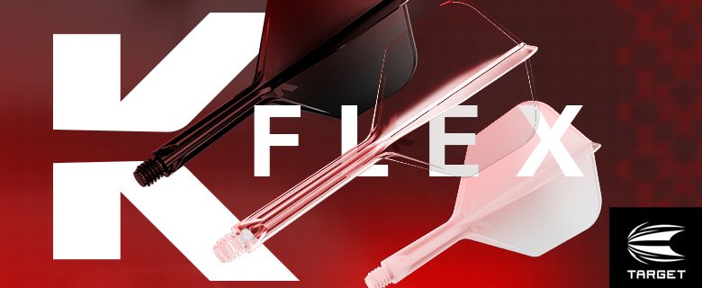 Three translucent dart shafts layered over a red background with a large white "K" and the word "FLEX", Target logo in the corner.