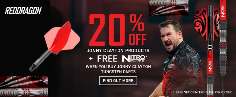 Promotional image for Red Dragon Jonny Clayton darts with a 20% discount offer on Jonny Clayton products and a free Nitro Flite with purchase.