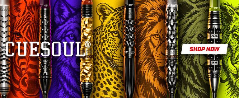 Five dart barrels are featured with colorful animal designs: zebra, wolf, leopard, lion, and eagle. "CUESOUL" and "SHOP NOW" text included.