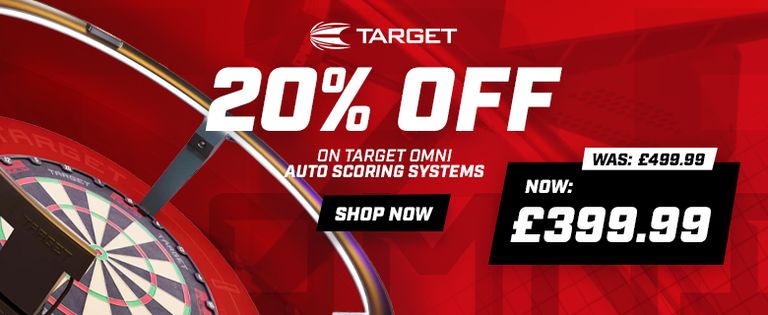 Advertisement for Target Omni Auto Scoring Systems. Offers 20% off. Red background with dartboard image.