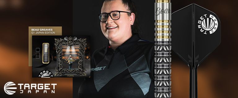 Beau Greaves wearing glasses and a Target darts shirt beside ornate metal dart barrel, flight, packaging and Target Japan logo.