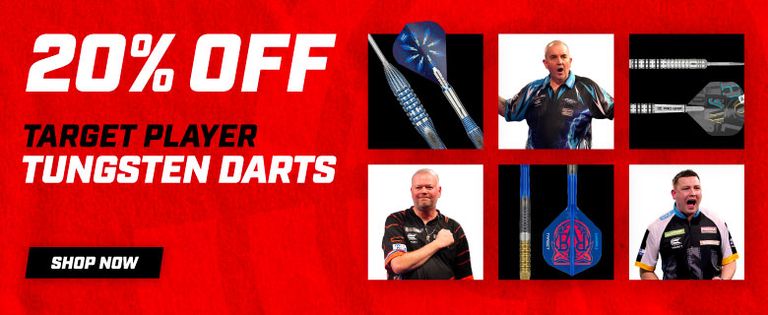 20% off Target Player tungsten darts featuring images of darts and players on a red background. Text: "Shop Now."