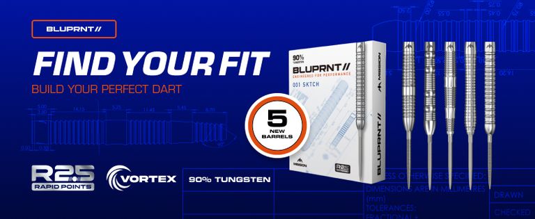 Advertisement for Bluprint darts featuring five new 90% tungsten barrels, a dart box, and blueprint graphics. Text reads "Find Your Fit."