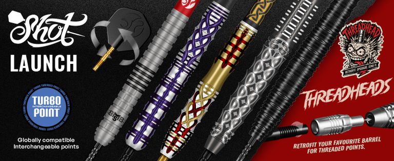 Colorful, intricately designed dart barrels with interchangeable points and branding for Shot's Threadheads launch.