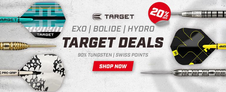 Target dart deals advertisement featuring various dart designs with 20% off promotion. Text reads "Exo, Bolide, Hydro, 90% Tungsten, Swiss Points."