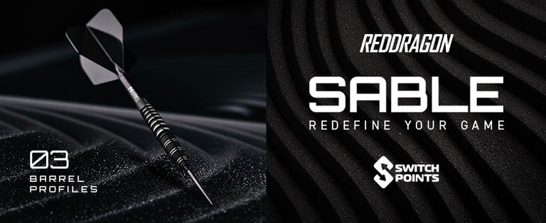 Dark-themed ad featuring a dart with Redragon Sable branding, highlighting three barrel profiles and the tagline "Redefine Your Game."