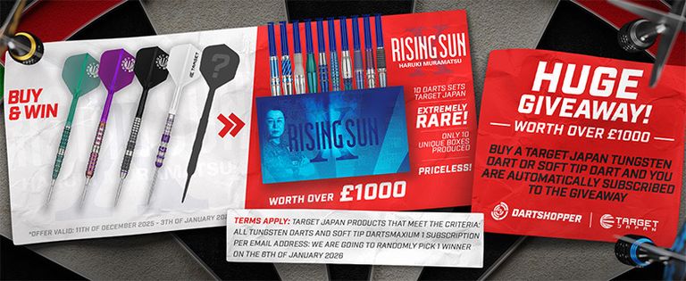 Promotional banner showing five colorful darts, a Rising Sun dart set image and red panels reading "HUGE GIVEAWAY! Worth over £1000."