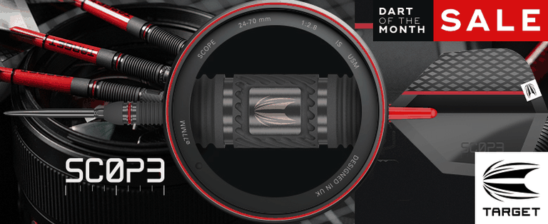 Promotional image for SCOPE darts featuring a close-up of a dart, "Dart of the Month" sale banner, and Target logo.