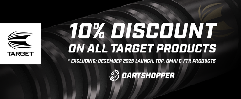 Black banner showing Target logo and dart barrel background with text '10% discount on all Target products' and Dartshopper logo.