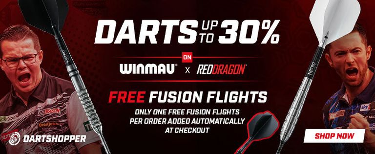 Promotional banner for darts, offering up to 30% off with free fusion flights. Features branded darts and two players; includes shop now button.