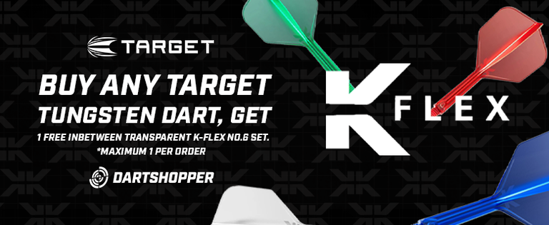 Promo banner for Target K-Flex darts: three colorful darts (green, red, blue) with text "Buy any Target tungsten dart, get 1 free."