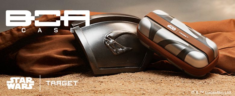 Star Wars-themed BOA case and helmet on sandy surface, featuring logos of Star Wars and Target.