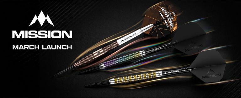 Sleek black and gold darts with vibrant details and "Mission March Launch" text on a dark background.
