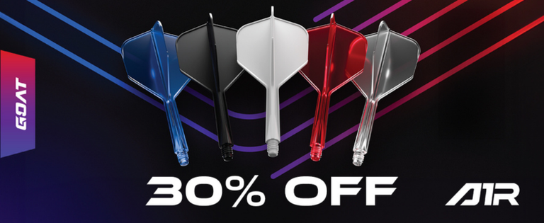 Five colorful dart flights with shafts are displayed against a dark background with "30% OFF" text and "GOAT AIR" logos.