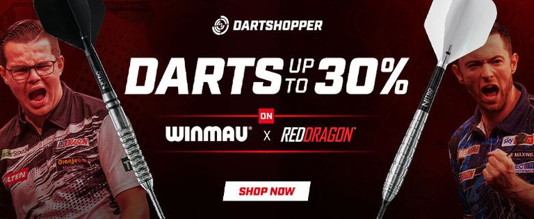 Advertisement for a darts sale, featuring two players and discounted prices up to 30% on Winmau and Red Dragon darts, with "Shop Now" button.