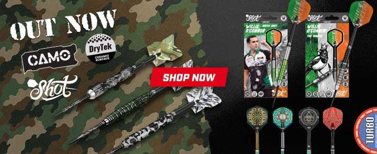 Camouflage-themed darts and packaging displayed on a camo background, with a "Shop Now" button in the center.
