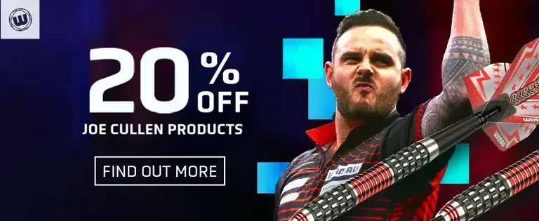 Promotional image for Joe Cullen products with 20% off, featuring a man holding darts and a "Find Out More" button.