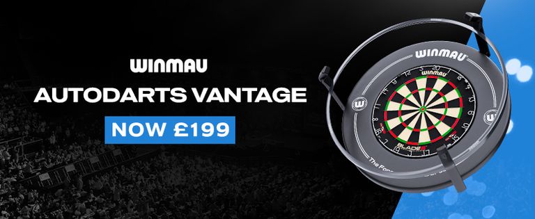 Ad for Winmau Autodarts Vantage, priced at £199, featuring a dartboard with a stadium audience background.
