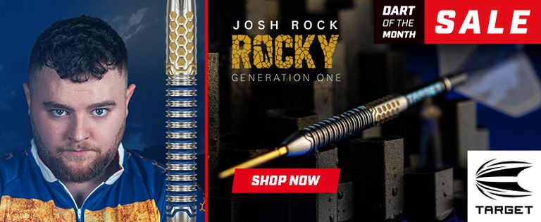 Advertisement for "Josh Rock Rocky Generation One" darts by Target, featuring a detailed dart and a person in a blue and yellow shirt.