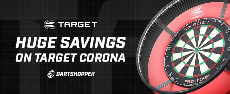 Banner with Target logo, text 'Huge savings on Target Corona', Dartshopper logo, and a red-circled dartboard on the right.